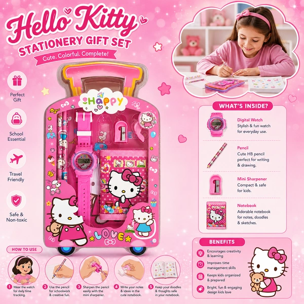 Hello Kitty Stationery Gift Set for Kids – Cute Pink School Supplies Kit with Digital Watch, Pencil, Sharpener, Mini Notebook & Accessories | Travel-Friendly Birthday Return Gift for Girls