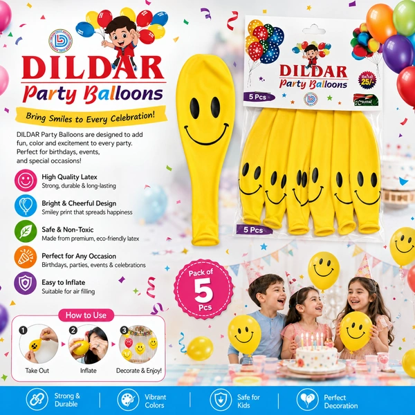 DILDAR Smiley Party Balloons for Kids Birthday Decoration Pack of 5 | Yellow Emoji Smile Printed Latex Balloons | Premium Quality Party Decoration Balloons for Birthday, Baby Shower, Celebration & Events /48