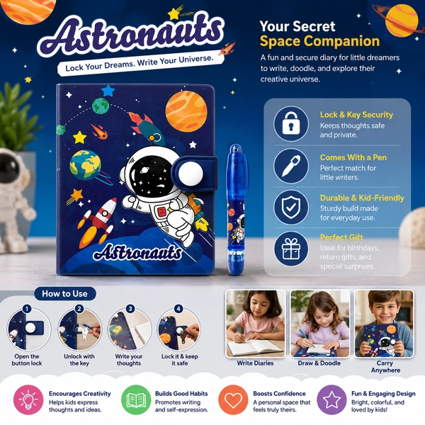 Astronauts Mini Writing book with Pen | Space Theme Pocket Notebook for Kids | Portable Memo Pad with Keychain Pen | Fun Stationery Gift for School & Travel