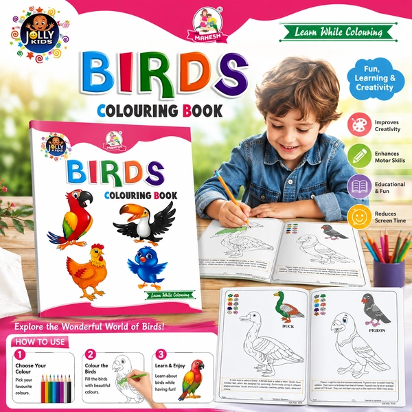 Jolly Kids Birds Colouring Book for Kids | Learn While Colouring | Fun & Educational Activity Book for Children | Multicolour Bird Coloring Book