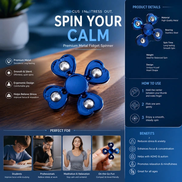 Metallic Fidget Spinner Toy for Kids & Adults ( RANDOM COLOURS)| High-Speed Hand Spinner Stress Relief Toy | Pocket Finger Spinner