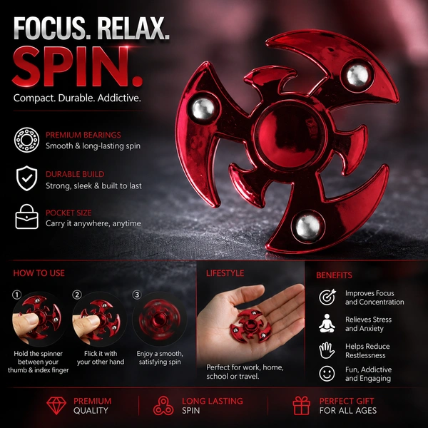 Tri-Blade Fidget Spinner ( RANDOM COLOURS ) | High-Speed Hand Spinner Toy for Stress Relief, Focus & Anxiety Reduction | Smooth Spin Pocket Spinner for Kids & Adults