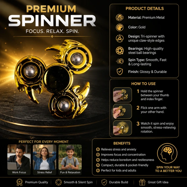 Premium Tri-Blade Metal Fidget Spinner for Stress Relief & Focus ( RANDOM COLOURS) | High-Speed Silent Spin | Pocket Size Hand Spinner for Kids & Adults