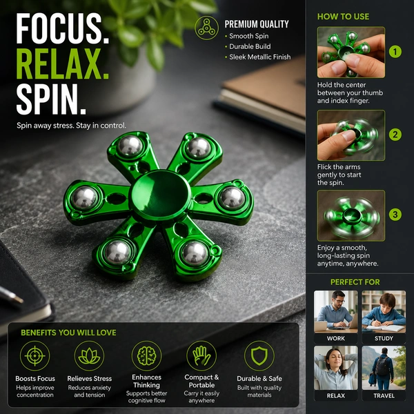 Premium Metallic Fidget Spinner for Kids & Adults ( RANDOM COLOURS )| Stress Relief Hand Spinner Toy | Smooth High-Speed Spin | Pocket Size Focus Spinner for Office, School & Travel