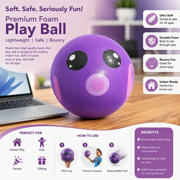 Cute Emoji Foam Ball for Kids – Soft Lightweight Indoor Play Ball – Safe Bouncy Toy for Boys & Girls – Purple Smiley Foam Ball for Home, School & Party Fun