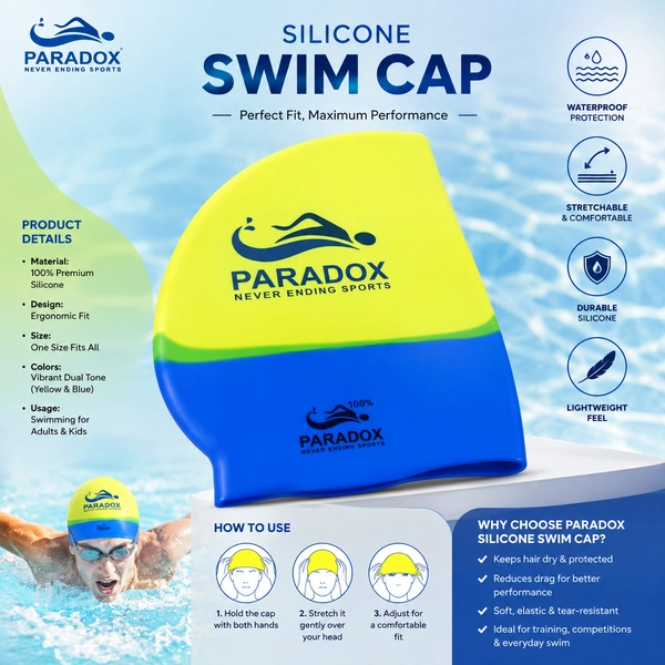 PARADOX Silicone Swimming Cap for Men, Women & Kids | Waterproof Stretch Swim Cap | Professional Long Lasting Swim Hat for Pool & Training | Yellow & Blue