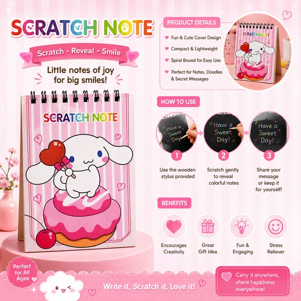 Cute Mini Scratch Note Pad with Wooden Stylus – Portable Cartoon Scratch Art Notebook for Kids, Drawing, Doodling & Creative Fun