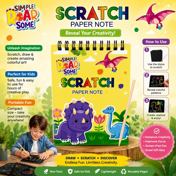 Simple ROAR Some Scratch Paper Note Book for Drawing & Writing | Mini Spiral Scratch Art Pad with Wooden Stylus | Dinosaur Theme Rainbow Scratch Notebook for Boys & Girls