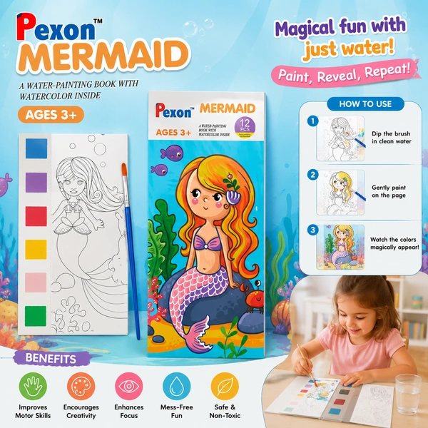 Pexon Mermaid Water Painting Book with water color inside |Magic Water Coloring Book with Paint Brush | DIY Educational Activity Book for Boys & Girls Age 3+ (12 Pages)