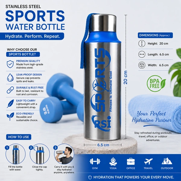 Sports Stainless Steel Water Bottle with Carry Strap ( RANDOM COLOURS) | Leak-Proof Reusable Metal Bottle | Lightweight Travel & Gym Water Bottle | BPA-Free Drinking Bottle for School, Office, Sports & Outdoor Use /26