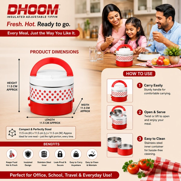 DHOOM Insulated Adjustable Tiffin Box with Stainless Steel Inner ( RANDOM COLOURS) | 2 Compartment Lunch Box | Food Grade Insulated Lunch Carrier | Portable Lunch Container for Office, School & Travel /15