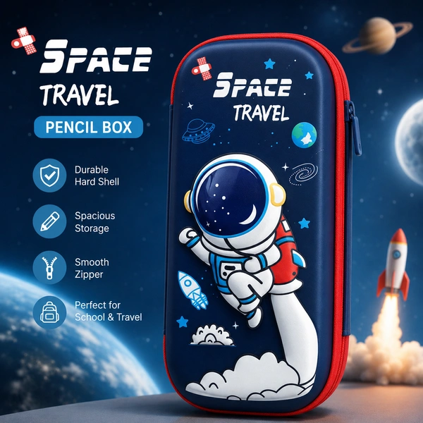 Space Travel Astronaut Pencil Box for Kids | Hard Shell Zipper Pencil Case | Large Capacity Stationery Organizer for School Boys & Girls | Cartoon Space Theme Pen Pouch