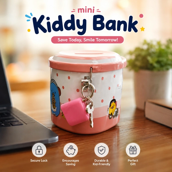 Mini Kiddy Bank for Kids with Lock & Key – Cute Cartoon Coin Saving Box for Children | Metal Piggy Bank Money Saver Gift for Boys & Girls