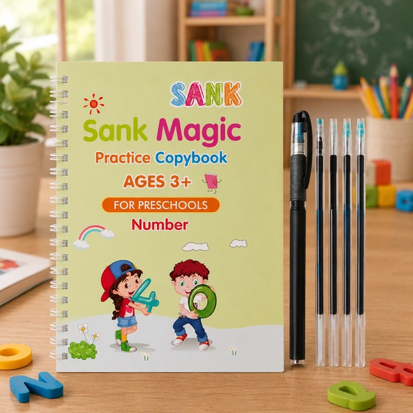 SANK Magic Practice Copybook for Kids Ages 3+ | Reusable Number Writing Book with Magic Pen & Ink Refills | Preschool Handwriting and Number Tracing Workbook for Early Learning