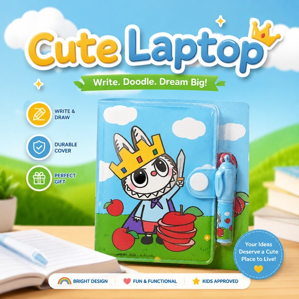 Cute Laptop Mini Diary Set for Kids with Lock and Pen | Cartoon Bunny Design Pocket Notebook | Small Secret Journal Gift for Girls & Boys