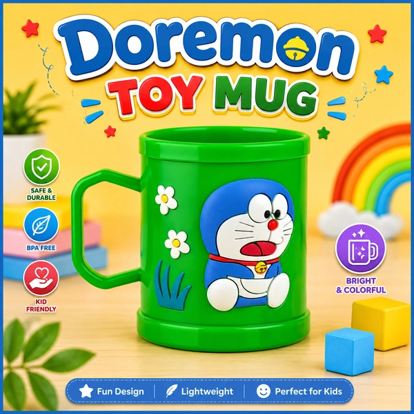 Doremon Toy Mug for Kids | Cartoon Plastic Coffee & Milk Mug with Handle | Lightweight Reusable Drinking Cup for School, Home & Travel | Cute Green Kids Mug Gift