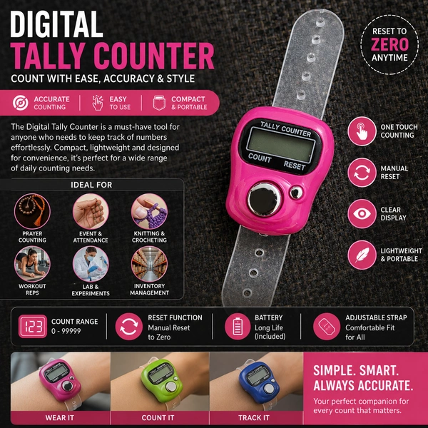 Digital Finger Tally Counter with Adjustable Strap Electronic Handheld Counting Clicker LCD Display Counter for Prayer, Tasbeeh, Meditation, Knitting, Crochet, Attendance, Inventory & Sports Tracking