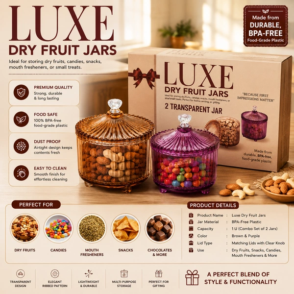 LUXE Premium Transparent Dry Fruit Jar Set of 2 with Lids | BPA-Free Food Grade Plastic Storage Containers | Decorative Candy, Chocolate, Dry Fruit & Snack Jars | Airtight Kitchen Organizer | Gift Box Pack