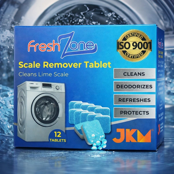 JKM Fresh Zone Washing Machine Scale Remover Tablets (12 Tablets) | Descaler for Front & Top Load Machines | Removes Limescale, Odor & Residue | ISO 9001 Certified