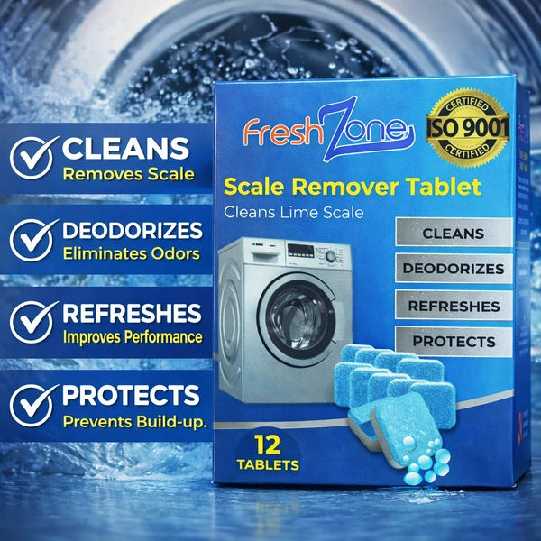 JKM Fresh Zone Washing Machine Scale Remover Tablets (12 Tablets) | Descaler for Front & Top Load Machines | Removes Limescale, Odor & Residue | ISO 9001 Certified
