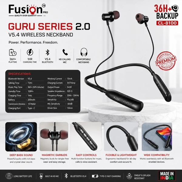 Fusion Pro Guru Series 2.0 Wireless Bluetooth Neckband Earphones V5.4, 36H Playtime, Type-C Fast Charging, Magnetic Earbuds, HD Calling Mic, IP67 Water Resistant, Deep Bass Stereo Sound (Black)
