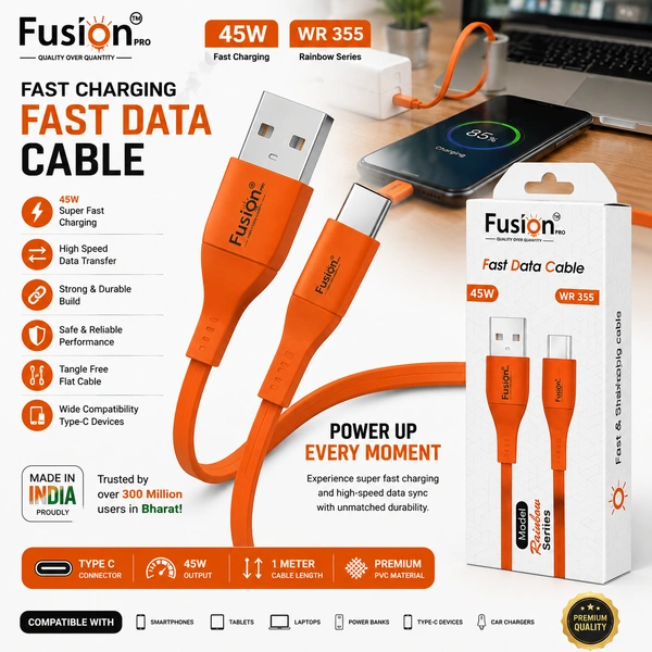 Fusion Pro WR-355 Type-C Fast Charging Cable | 45W Fast Charge & Data Sync Cable | USB-A to USB-C | 1 Meter | Premium PVC Build | Compatible with Android Smartphones, Tablets & Type-C Devices
