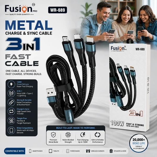Fusion Pro WR-689 3-in-1 Fast Charging Cable | 100W PD Fast Charge | USB to Type-C, Lightning & Micro USB | Metal Connectors | Braided Nylon Cable | Charge & Sync Cable | Black