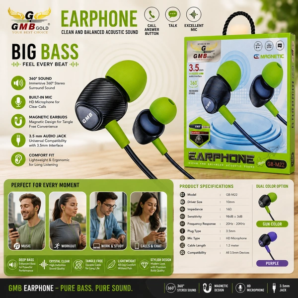 GMB Gold GB-M22 Wired Magnetic Earphones with HD Microphone, Deep Bass Stereo Sound, 3.5mm Audio Jack, In-Line Remote Control, Tangle-Free Cable, Noise Isolating In-Ear Earbuds for Smartphones, Tablets & Laptops