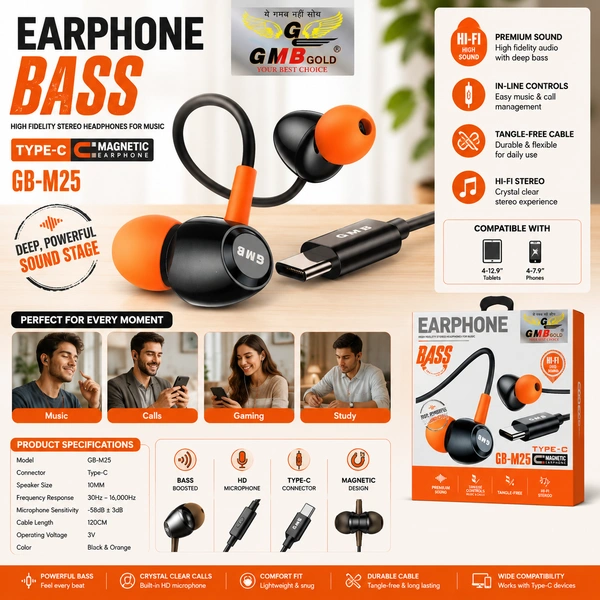 GMB Gold GB-M25 Type-C Wired Earphones with Microphone, Magnetic Hi-Fi Stereo Bass Earbuds, In-Line Controls, Tangle-Free Cable, USB Type-C Earphones for Android Smartphones, Gaming, Music & Calls