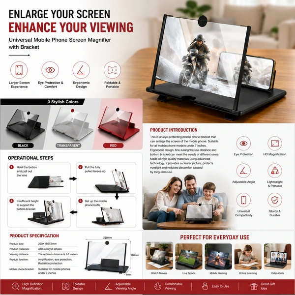 Mobile Phone Screen Magnifier with Foldable Stand, HD 3D Screen Enlarger, Eye Protection Amplifier, Universal Smartphone Holder for Movies, Gaming, Video Calls & Online Learning (Up to 7 Inch Phones)