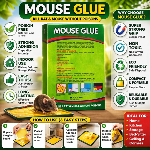 Mouse Glue Trap Strong Adhesive Rat & Mouse Catcher | Poison Free & Odourless | Safe for Home, Kitchen & Storage | Reusable Sticky Trap Board for Rodent Control Pack of 1
