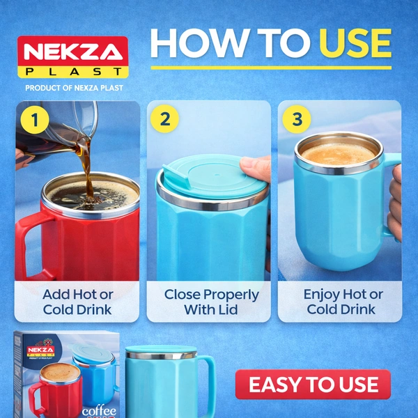 Nekza Plast Insulated Coffee Mug 400ml ( Light Blue) | Stainless Steel Inner Lining | Leak-Resistant Lid | Hot & Cold Beverage Mug for Home, Office & Travel