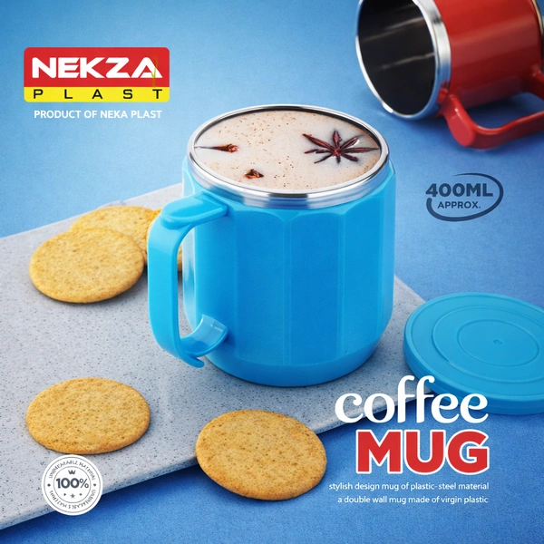 Nekza Plast Insulated Coffee Mug 400ml ( Light Blue) | Stainless Steel Inner Lining | Leak-Resistant Lid | Hot & Cold Beverage Mug for Home, Office & Travel