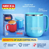 Nekza Plast Insulated Coffee Mug 400ml ( Light Blue) | Stainless Steel Inner Lining | Leak-Resistant Lid | Hot & Cold Beverage Mug for Home, Office & Travel