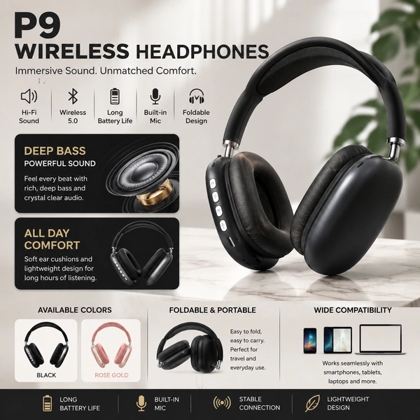 P9 Wireless Bluetooth Over-Ear Headphones with Deep Bass, Built-in Microphone, Foldable Design, Hi-Fi Stereo Sound, Soft Ear Cushions, Long Battery Life & Universal Device Compatibility (Random Colour)