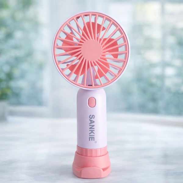SANKIE SK-2012HF Handheld Desktop USB Fan | Rechargeable Portable Mini Fan with Type-C Charging, 3 Speed Modes & Natural Wind | Compact Travel Cooling Fan (Pink & Purple) | With Mobile Holder