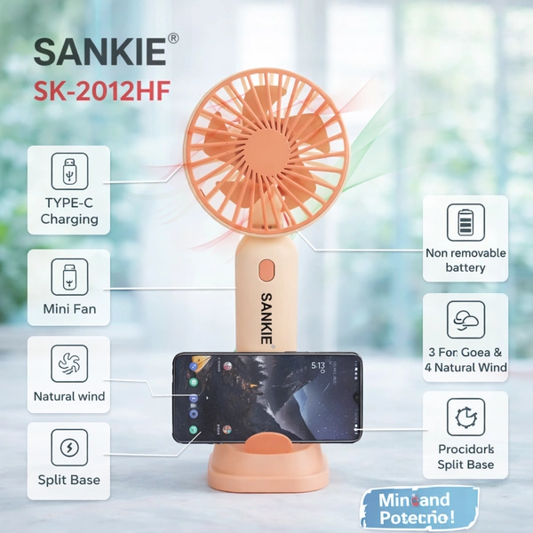 SANKIE SK-2012HF Handheld Desktop USB Fan | Rechargeable Portable Mini Fan with Type-C Charging, 3 Speed Modes & Natural Wind | Compact Travel Cooling Fan (Pink & Purple) | With Mobile Holder