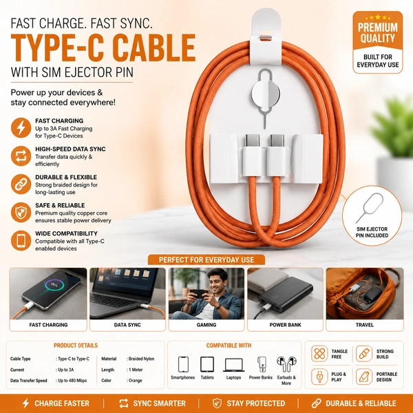 Premium USB Type-C Fast Charging Cable with SIM Ejector Pin, Braided Nylon Data Sync Cable, Fast Charge & High-Speed Data Transfer, Durable Tangle-Free Type-C Charger Cable for Smartphones, Tablets & Type-C Devices (Orange, 1 Meter)