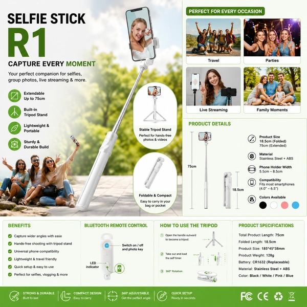 R1 Bluetooth Selfie Stick Tripod with Wireless Remote, Extendable Foldable Selfie Stick for iPhone & Android, Portable Phone Tripod Stand for Travel, Vlogging, Live Streaming, Group Photos & Video Recording