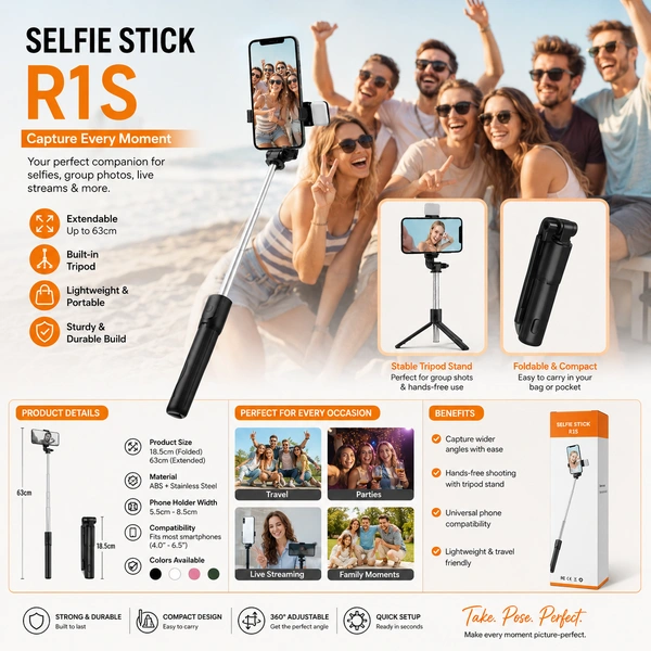 R1S Selfie Stick with Built-in Tripod Stand, Extendable Portable Selfie Stick for Smartphones, Foldable Lightweight ABS & Stainless Steel Design, Adjustable Phone Holder for Travel, Vlogging, Live Streaming & Group Photos
