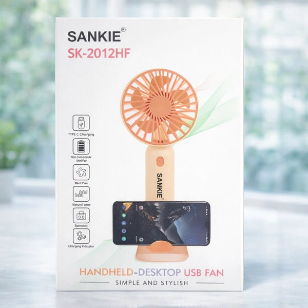 SANKIE SK-2012HF Handheld Desktop USB Fan | Rechargeable Portable Mini Fan with Type-C Charging, 3 Speed Modes & Natural Wind | Compact Travel Cooling Fan (Pink & Purple) | With Mobile Holder