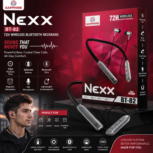 Sapphire SAPPHIRE NEXX BT-82 Wireless Bluetooth Neckband Earphones | 72H Playback | Bluetooth V5.4 | Magnetic Earbuds | HD Microphone | Deep Bass Stereo Sound | Type-C Fast Charging | Sweat Resistant Neckband