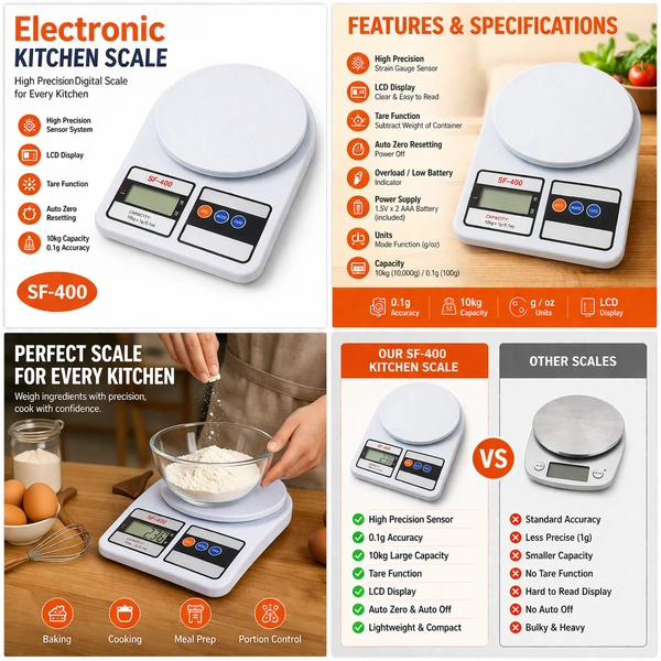 SF-400 Electronic Kitchen Weighing Scale | Digital LCD Display | 10kg Capacity | High Precision Sensor | g/oz Mode | Tare Function | White