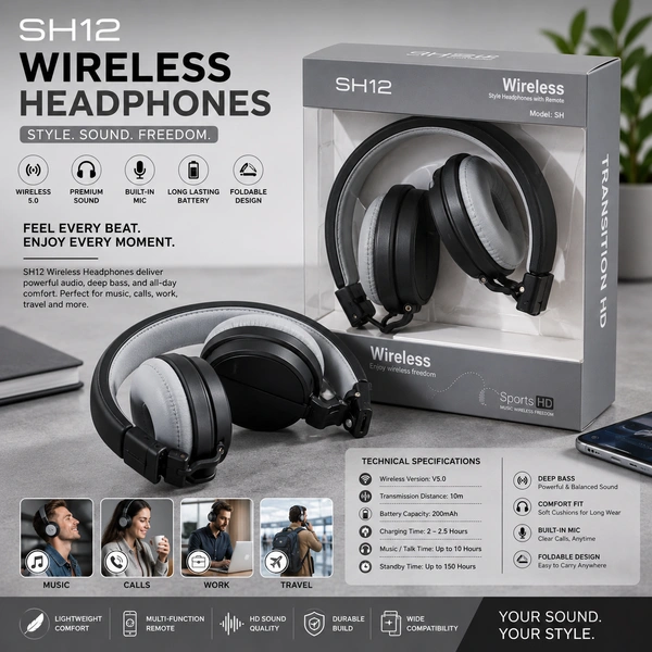 SH12 Wireless Over-Ear Headphones with Microphone | Bluetooth Wireless Headset | Deep Bass Stereo Sound | Foldable Design | Comfortable Cushioned Ear Cups | Long Battery Life | Headphones for Music, Calls, Work & Travel