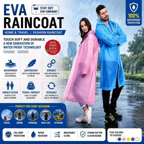 EVA Waterproof Raincoat for Men & Women, Lightweight Reusable Hooded Rain Jacket, Full-Length Waterproof Rain Wear, Durable Soft EVA Material, Travel, Bike Riding, Trekking & Outdoor Use, Random Colour
