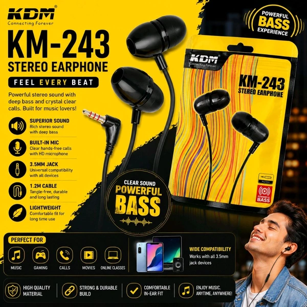 KDM KM-243 Wired Stereo Earphones with Microphone | Powerful Bass In-Ear Headphones | 3.5mm Jack Earbuds | HD Calling Mic | Tangle-Resistant 1.2m Cable | Compatible with Smartphones, Tablets, Laptops & Gaming Devices - White/Black Random Colour