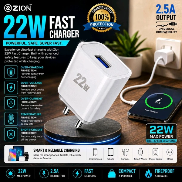 ZION 22W Fast Charger Adapter | 2.5A Fast Charging USB Wall Charger | Smart IC Protection | Compact Travel Charger | Over-Voltage, Over-Current & Short-Circuit Protection | Compatible with Android Smartphones, Tablets & USB Devices