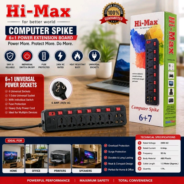 Hi-Max 6+1 Universal Power Extension Board with Individual Switches & Fuse Protection | 240V AC, 6 Amp Multi Plug Spike Guard | Heavy Duty Extension Cord for Home, Office, Computer, TV & Appliances