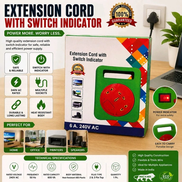 Portable Extension Cord with Switch Indicator | 6A 240V AC Universal Socket | Heat Resistant ABS Body | Ideal for TV, Computer, Printer & Home Appliances