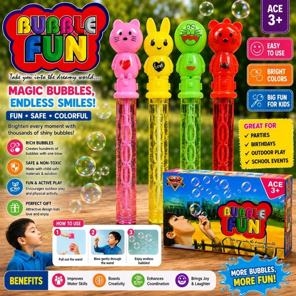Bubble Fun Kids Bubble Wand | Colorful Cartoon Bubble Sticks for Boys & Girls | Safe Non-Toxic Bubble Solution | Outdoor Bubble Maker for Birthday Parties, School Events & Fun Play (Assorted Colour & Design) 1 Piece